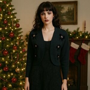 Whimsigoth Office Date Night Black M Sweater Shrug Velvet Bow Sequins Cropped